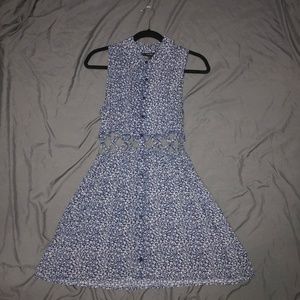 NAVY FLORAL COLLAR DRESS WITH X SHAPED CUTOUTS